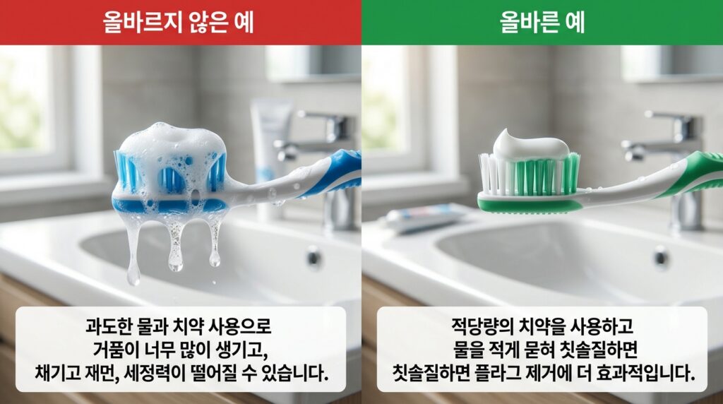 양치 전 칫솔에 물 묻혀야 할까? 묻히지 말아야 할까? 3 양치전 칫솔에 물을 과도하게 뭍히면 치약이 빠르게 희석될 수 있는 비교 이미지
