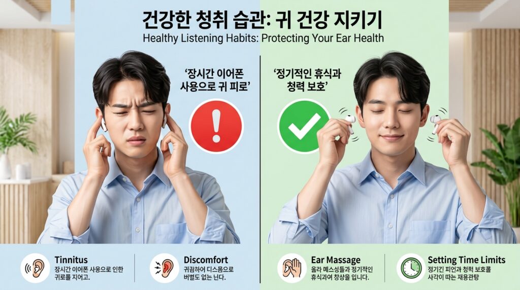 에어팟이나 블루투스 이어폰 하루종일 끼고 있어도 괜찮을까? 3 블루투스 이어폰 장시간 착용 시 귀 건강 관리 이미지