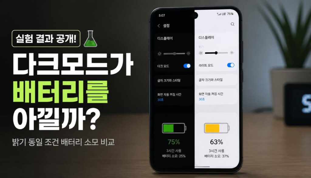 휴대폰 다크모드로 사용하면 배터리가 절약될까? 직접 알아봤습니다 2 gpt image 2 Modern smartphone split screen comparison dark mode on one side and light mode o 0 2