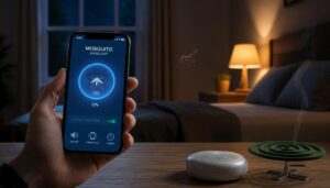 gpt image 2 Smartphone displaying mosquito repellent app mosquito flying nearby bedroom at n 0
