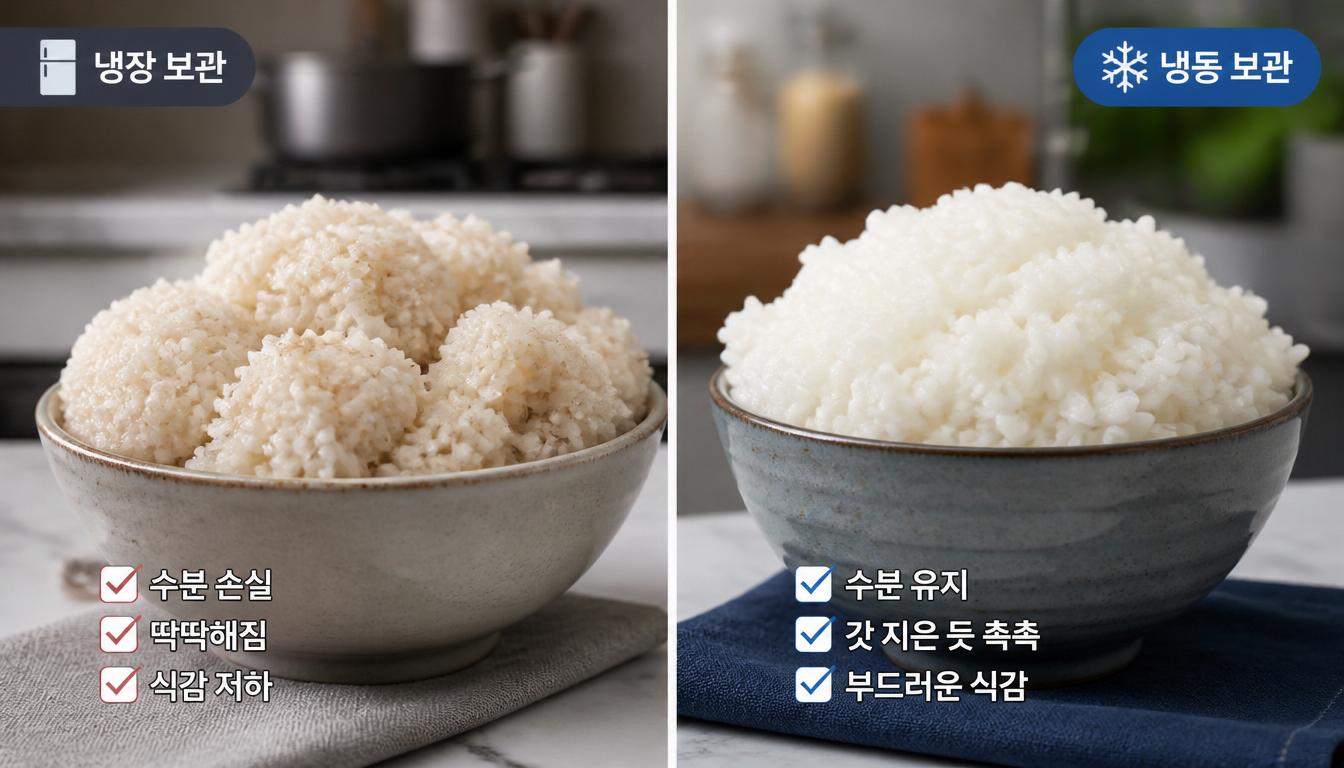 gpt image 2 Split screen comparison of cooked rice stored in refrigerator versus freezer lef 0