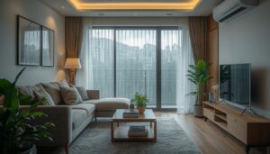 lucid origin Modern Korean living room during rainy season air conditioner running in dehumid 0